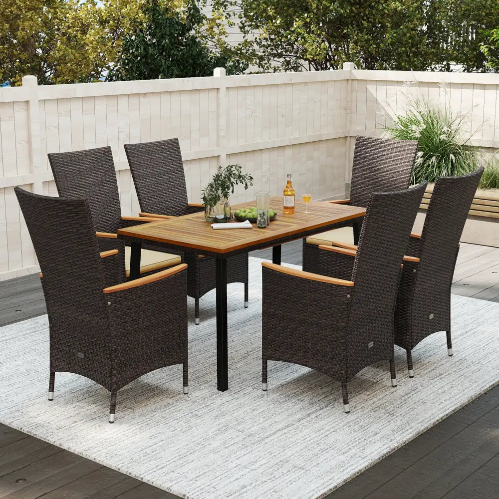 Outdoor Dining Set for 6 Patio Wicker Armchairs and Acacia Wood Table - Patio Dining Sets