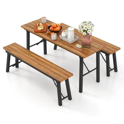 Outdoor Dining Table and Bench Set with Acacia Wood Top for Yard Garden Poolside - Natural - Patio Dining Sets