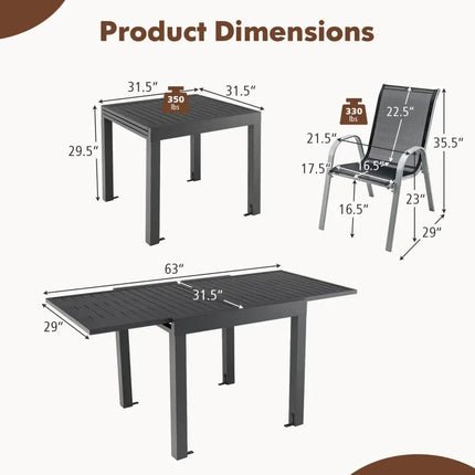 Outdoor Dining Table Set with Extendable Aluminum Table and 4 Stackable Chairs - Patio Dining Sets