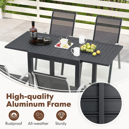Outdoor Dining Table Set with Extendable Aluminum Table and 4 Stackable Chairs - Patio Dining Sets