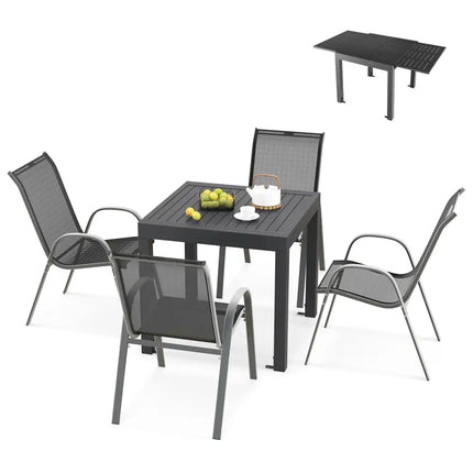 Outdoor Dining Table Set with Extendable Aluminum Table and 4 Stackable Chairs - Patio Dining Sets