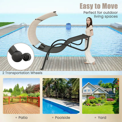 Outdoor Double Chaise Lounge Chair with Sunshade Canopy and Headrest Pillows-Black - Black - Outdoor Chaise Lounges