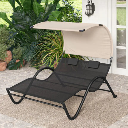 Outdoor Double Chaise Lounge Chair with Sunshade Canopy and Headrest Pillows-Black - Black - Outdoor Chaise Lounges
