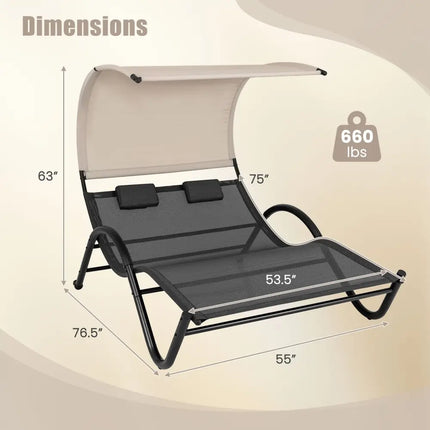Outdoor Double Chaise Lounge Chair with Sunshade Canopy and Headrest Pillows-Black - Black - Outdoor Chaise Lounges