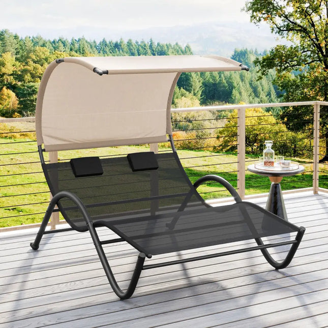 Outdoor Double Chaise Lounge Chair with Sunshade Canopy and Headrest Pillows-Black - Black - Outdoor Chaise Lounges