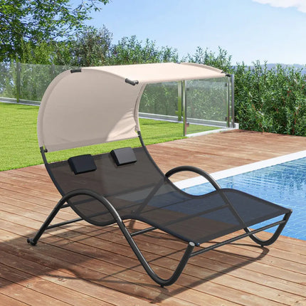 Outdoor Double Chaise Lounge Chair with Sunshade Canopy and Headrest Pillows-Black - Black - Outdoor Chaise Lounges