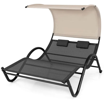 Outdoor Double Chaise Lounge Chair with Sunshade Canopy and Headrest Pillows-Black - Black - Outdoor Chaise Lounges