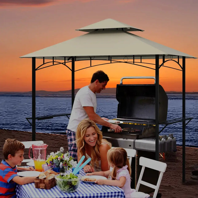Outdoor Double-Tiered Grill Gazebo Canopy with 2 Shelves and 7 Hooks-Beige - Beige - Gazebos
