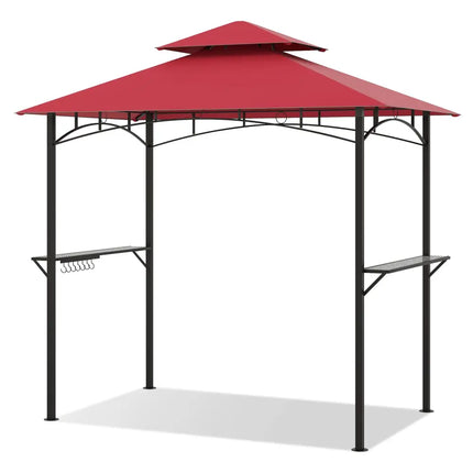 Outdoor Double-Tiered Grill Gazebo Canopy with 2 Shelves and 7 Hooks-Red - Red - Gazebos