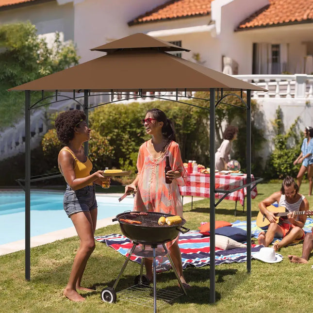 Outdoor Double-Tiered Grill Gazebo Canopy with 2 Shelves and 7 Hooks-Coffee - Coffee - Gazebos