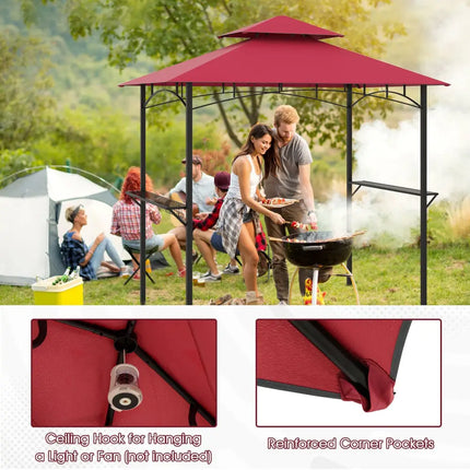 Outdoor Double-Tiered Grill Gazebo Canopy with 2 Shelves and 7 Hooks-Red - Red - Gazebos