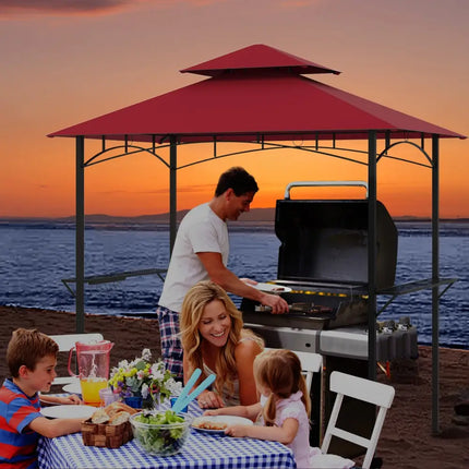 Outdoor Double-Tiered Grill Gazebo Canopy with 2 Shelves and 7 Hooks-Red - Red - Gazebos