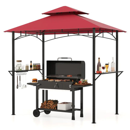 Outdoor Double-Tiered Grill Gazebo Canopy with 2 Shelves and 7 Hooks-Red - Red - Gazebos