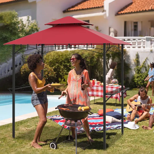 Outdoor Double-Tiered Grill Gazebo Canopy with 2 Shelves and 7 Hooks-Red - Red - Gazebos
