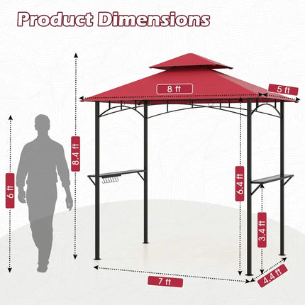 Outdoor Double-Tiered Grill Gazebo Canopy with 2 Shelves and 7 Hooks-Red - Red - Gazebos