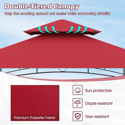 Outdoor Double-Tiered Grill Gazebo Canopy with 2 Shelves and 7 Hooks-Red - Red - Gazebos