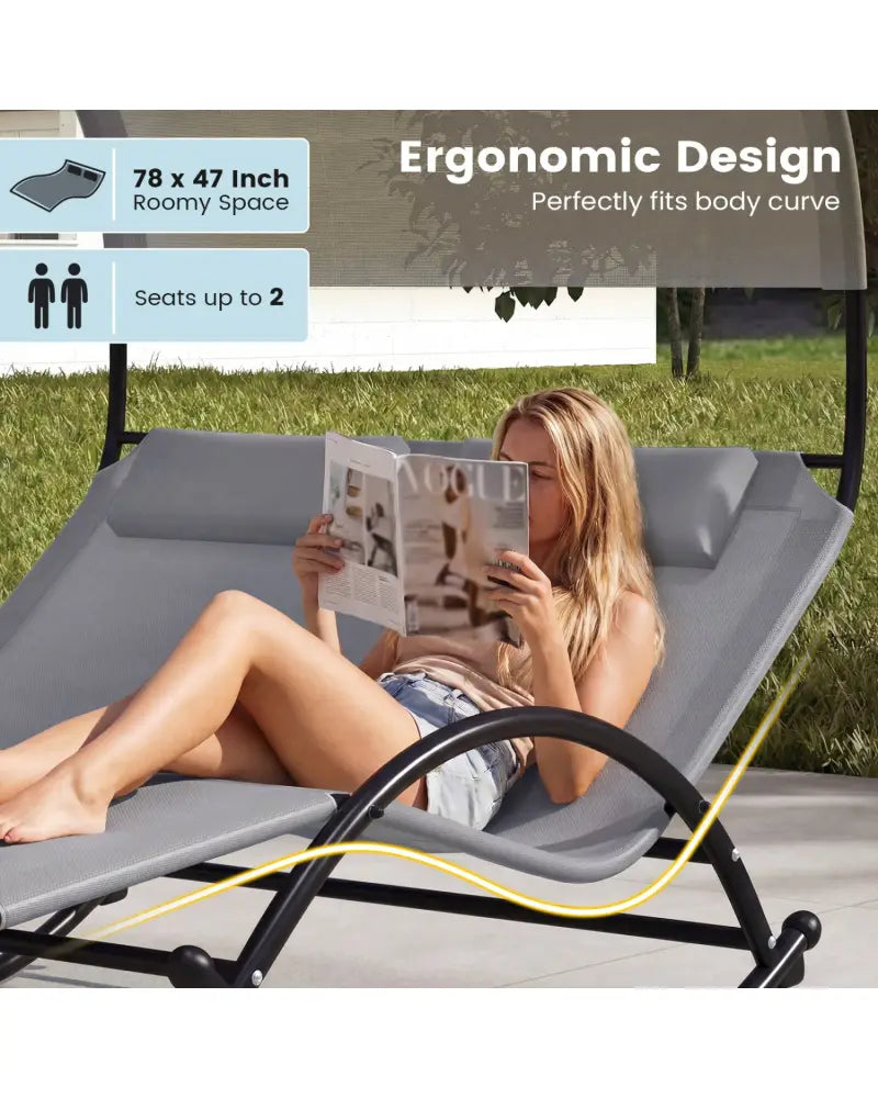 Outdoor Dual Rocker Sunbed 2-Person Canopied Patio Lounger with Detachable Headrests-Gray - Gray - Patio Rocking Chairs