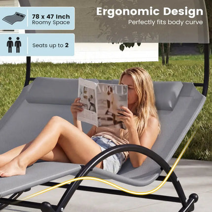 Outdoor Dual Rocker Sunbed 2-Person Canopied Patio Lounger with Detachable Headrests-Gray - Gray - Patio Rocking Chairs