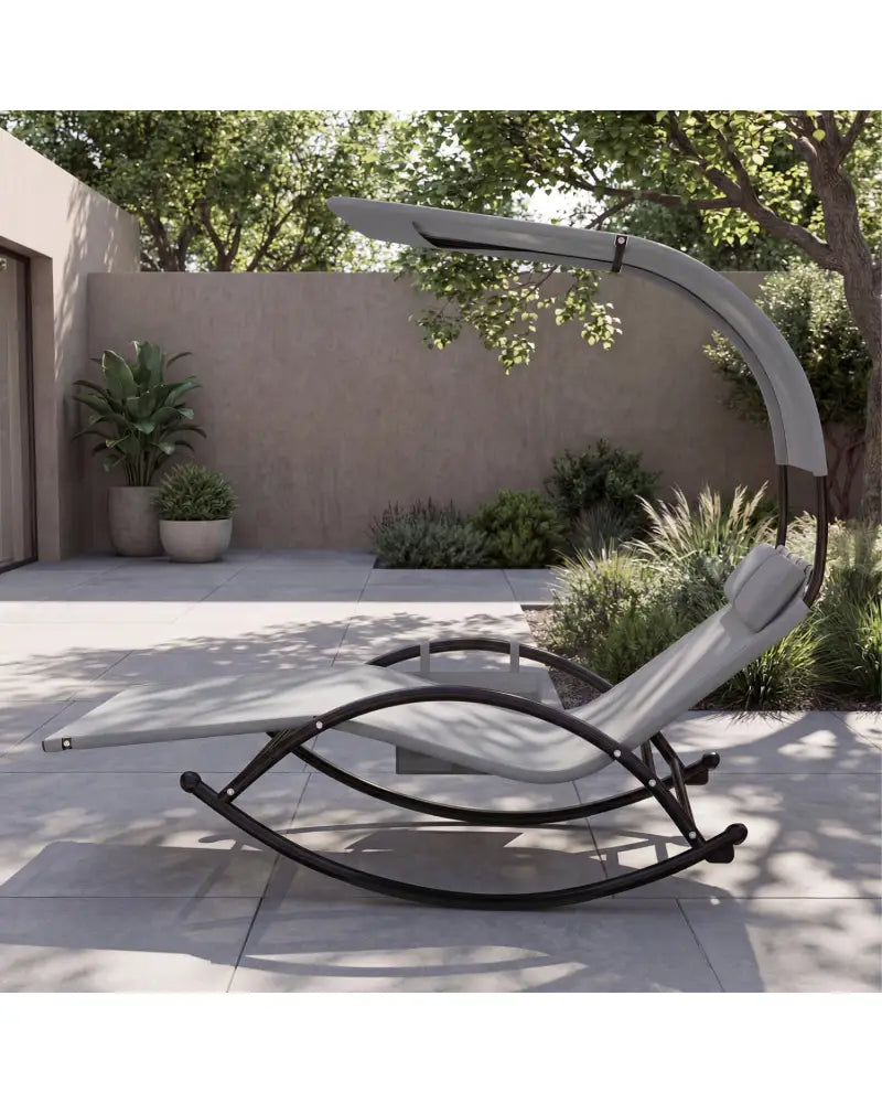 Outdoor Dual Rocker Sunbed 2-Person Canopied Patio Lounger with Detachable Headrests-Gray - Gray - Patio Rocking Chairs