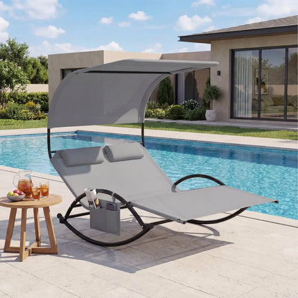 Outdoor Dual Rocker Sunbed 2-Person Canopied Patio Lounger with Detachable Headrests-Gray - Gray - Patio Rocking Chairs