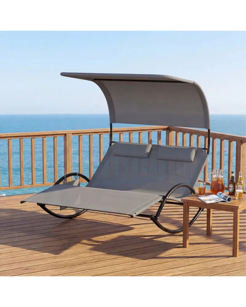 Outdoor Dual Rocker Sunbed 2-Person Canopied Patio Lounger with Detachable Headrests-Gray - Gray - Patio Rocking Chairs