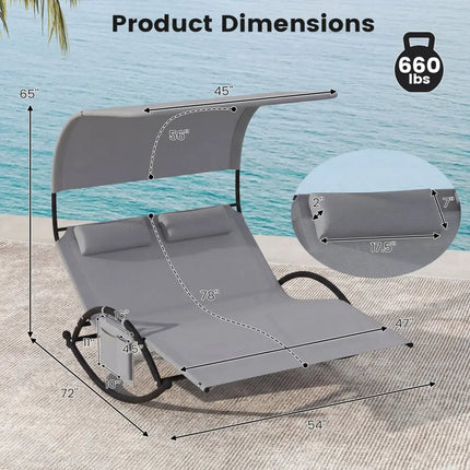 Outdoor Dual Rocker Sunbed 2-Person Canopied Patio Lounger with Detachable Headrests-Gray - Gray - Patio Rocking Chairs