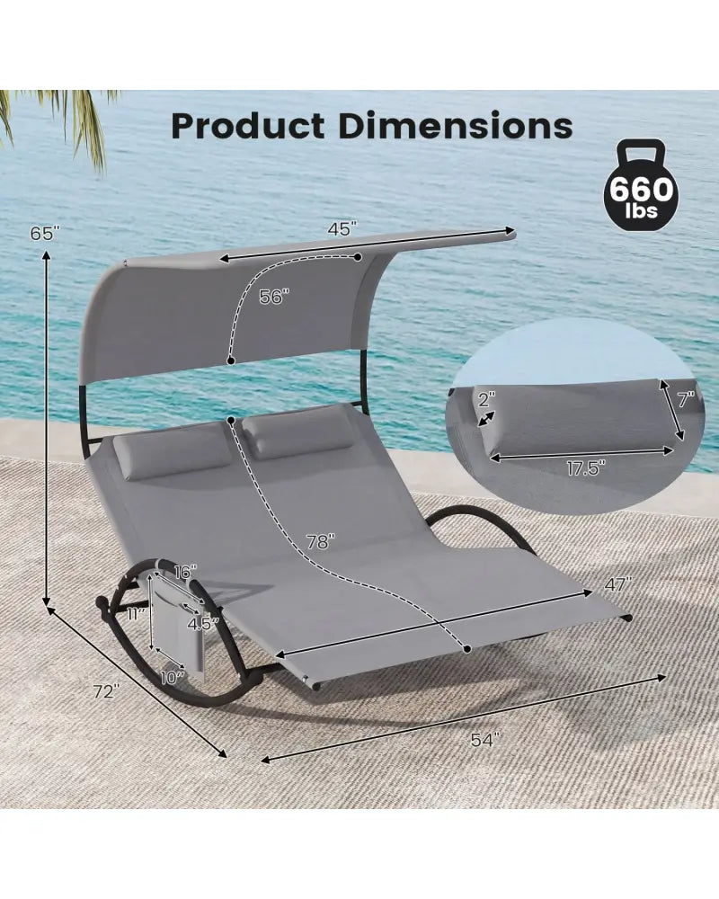 Outdoor Dual Rocker Sunbed 2-Person Canopied Patio Lounger with Detachable Headrests-Gray - Gray - Patio Rocking Chairs