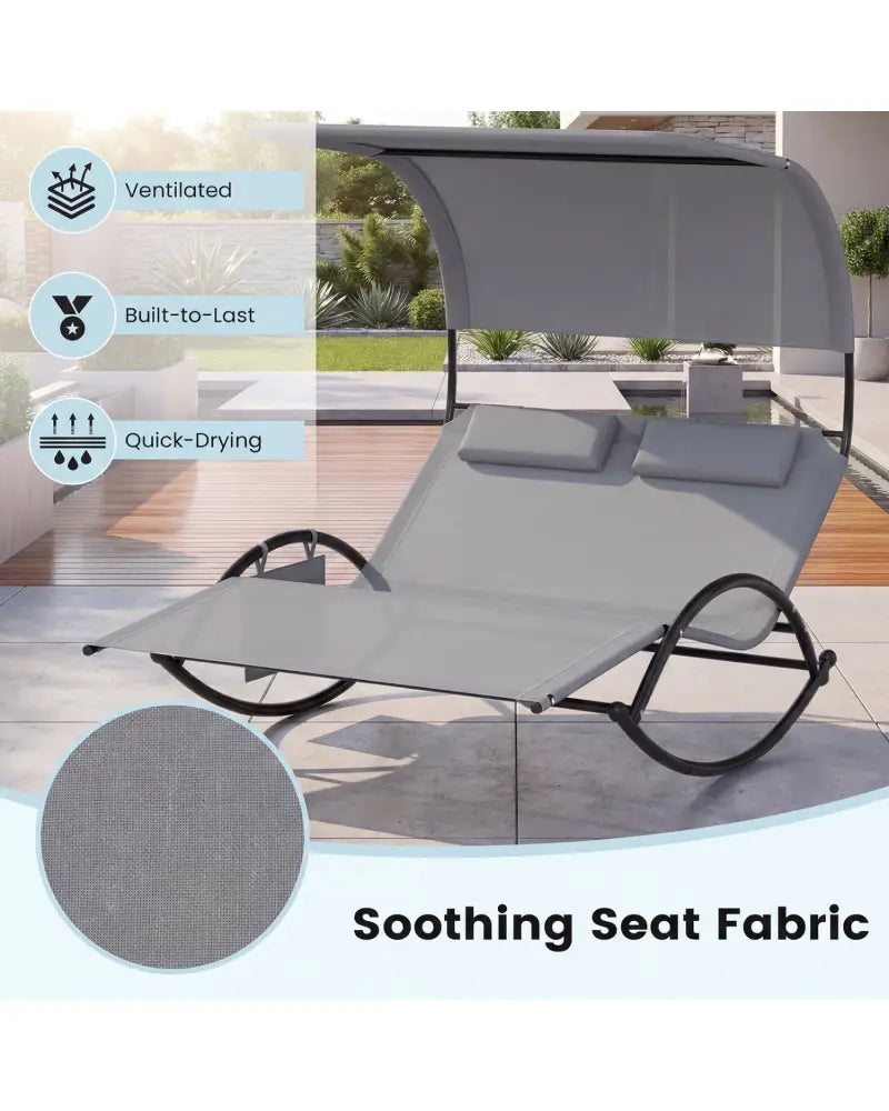 Outdoor Dual Rocker Sunbed 2-Person Canopied Patio Lounger with Detachable Headrests-Gray - Gray - Patio Rocking Chairs