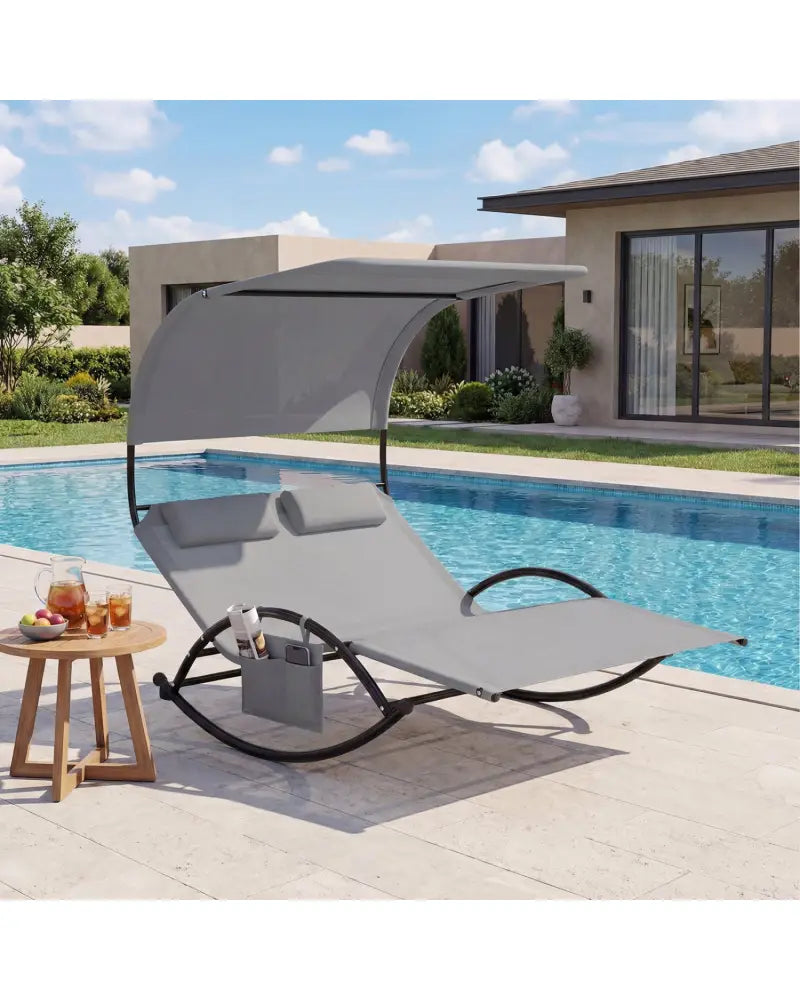 Outdoor Dual Rocker Sunbed 2-Person Canopied Patio Lounger with Detachable Headrests-Gray - Gray - Patio Rocking Chairs