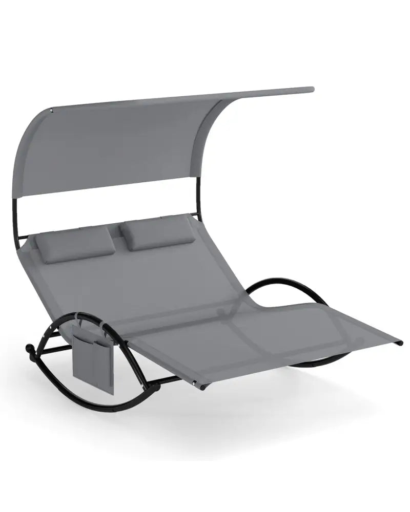 Outdoor Dual Rocker Sunbed 2-Person Canopied Patio Lounger with Detachable Headrests-Gray - Gray - Patio Rocking Chairs