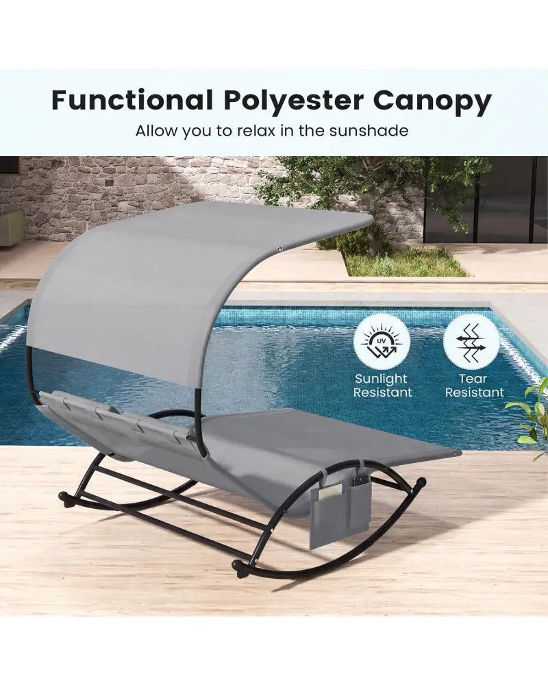 Outdoor Dual Rocker Sunbed 2-Person Canopied Patio Lounger with Detachable Headrests-Gray - Gray - Patio Rocking Chairs