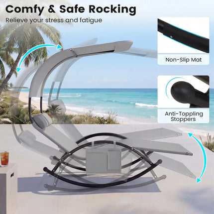 Outdoor Dual Rocker Sunbed 2-Person Canopied Patio Lounger with Detachable Headrests-Gray - Gray - Patio Rocking Chairs
