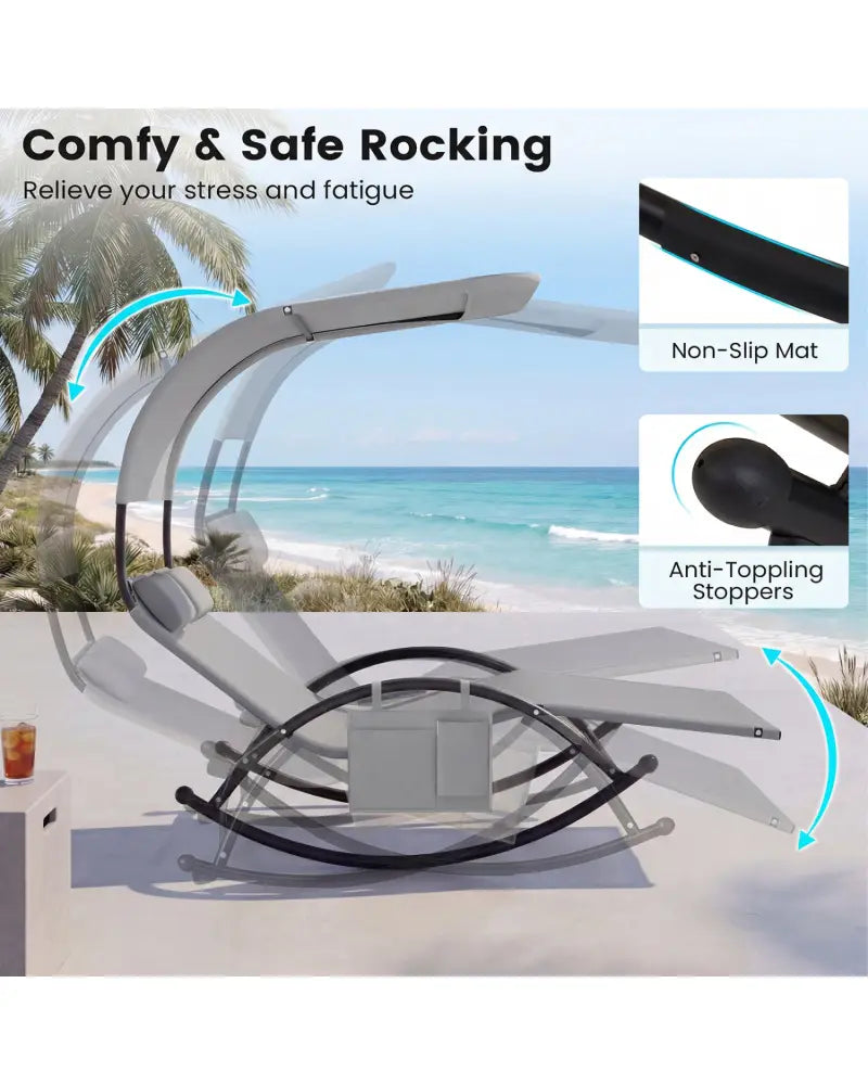 Outdoor Dual Rocker Sunbed 2-Person Canopied Patio Lounger with Detachable Headrests-Gray - Gray - Patio Rocking Chairs