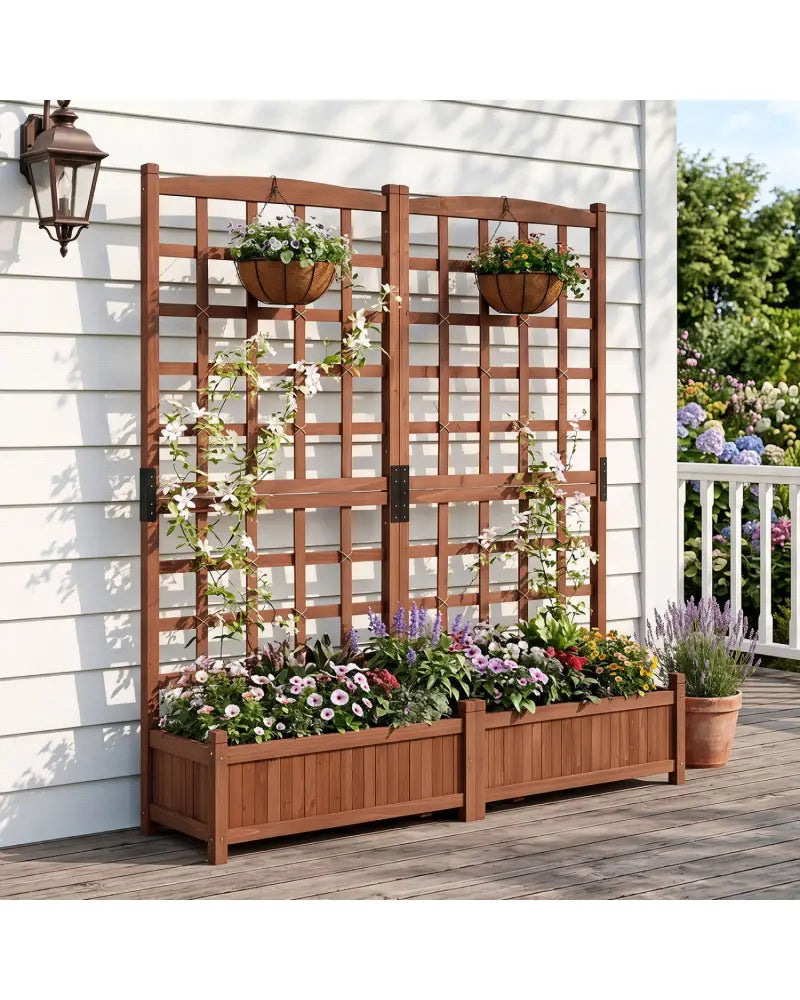 Outdoor Dual Wooden Raised Garden Bed with Trellis and Drainage Holes-Rustic Brown - Rustic Brown - Raised Garden Beds