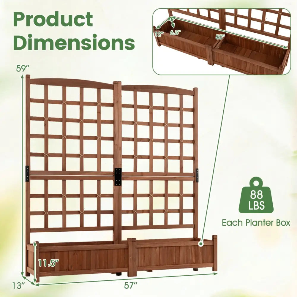 Outdoor Dual Wooden Raised Garden Bed with Trellis and Drainage Holes-Rustic Brown - Rustic Brown - Raised Garden Beds