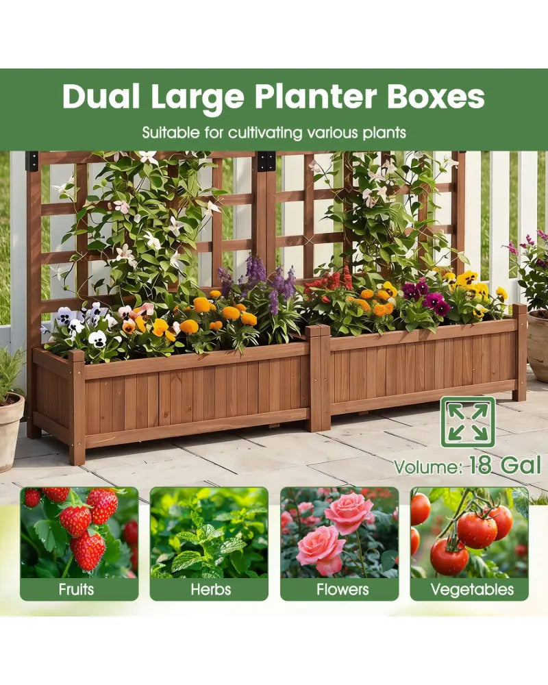 Outdoor Dual Wooden Raised Garden Bed with Trellis and Drainage Holes-Rustic Brown - Rustic Brown - Raised Garden Beds