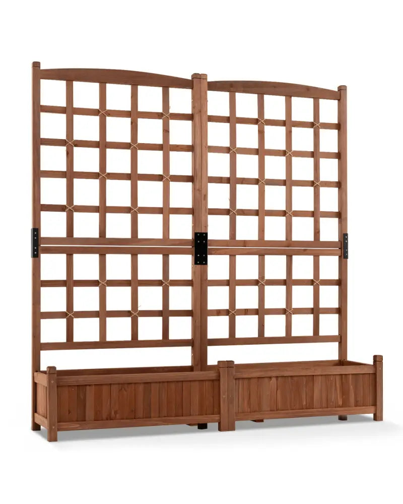 Outdoor Dual Wooden Raised Garden Bed with Trellis and Drainage Holes-Rustic Brown - Rustic Brown - Raised Garden Beds