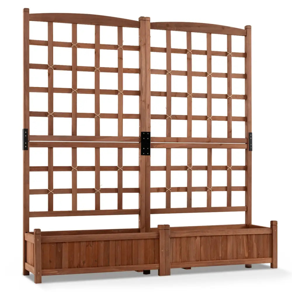 Outdoor Dual Wooden Raised Garden Bed with Trellis and Drainage Holes-Rustic Brown - Rustic Brown - Raised Garden Beds