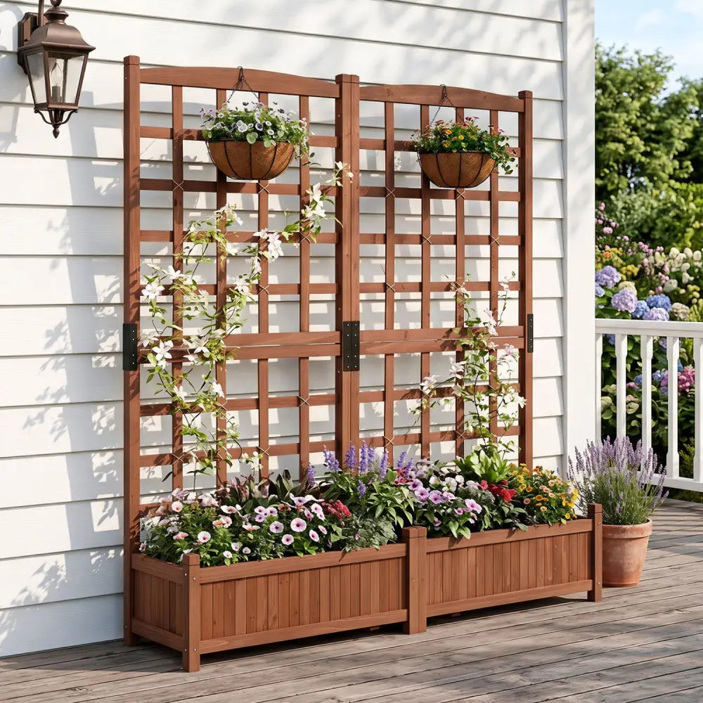 Outdoor Dual Wooden Raised Garden Bed with Trellis and Drainage Holes-Rustic Brown - Rustic Brown - Raised Garden Beds