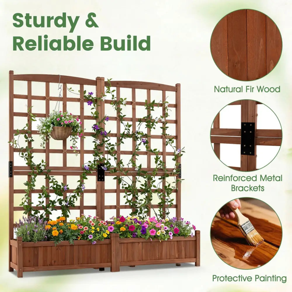 Outdoor Dual Wooden Raised Garden Bed with Trellis and Drainage Holes-Rustic Brown - Rustic Brown - Raised Garden Beds