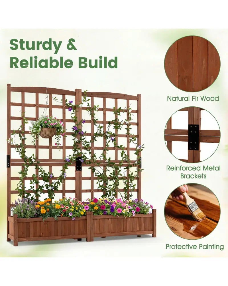 Outdoor Dual Wooden Raised Garden Bed with Trellis and Drainage Holes-Rustic Brown - Rustic Brown - Raised Garden Beds