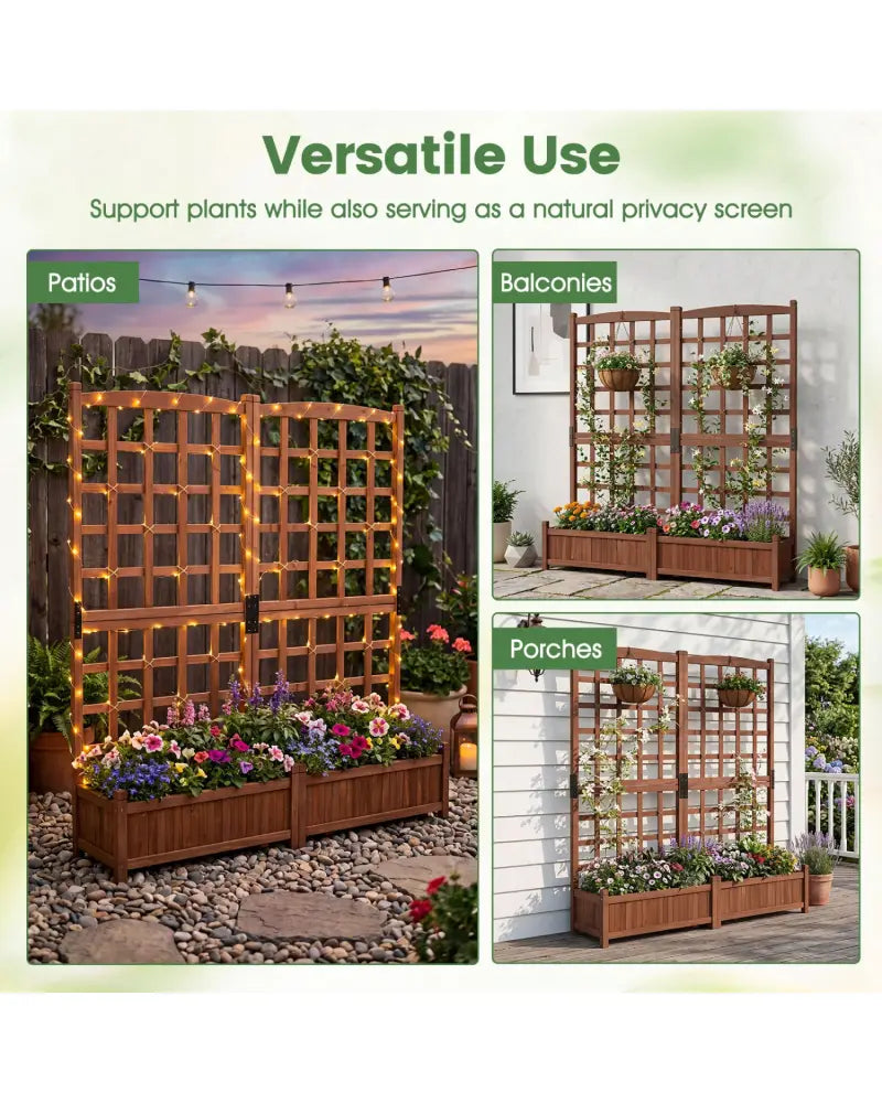 Outdoor Dual Wooden Raised Garden Bed with Trellis and Drainage Holes-Rustic Brown - Rustic Brown - Raised Garden Beds