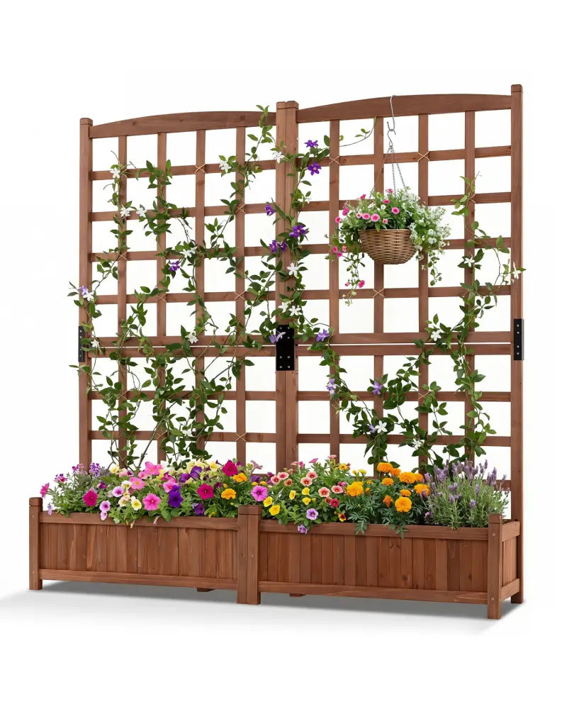 Outdoor Dual Wooden Raised Garden Bed with Trellis and Drainage Holes-Rustic Brown - Rustic Brown - Raised Garden Beds