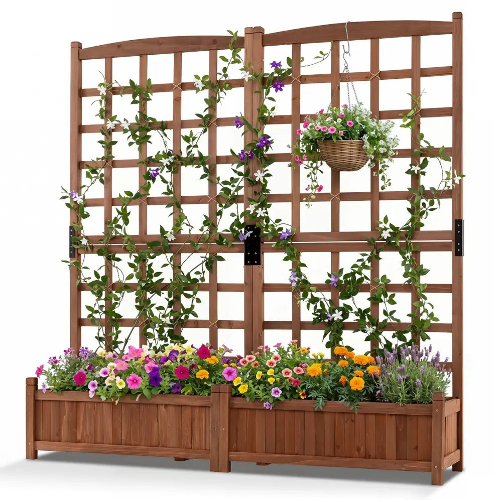 Outdoor Dual Wooden Raised Garden Bed with Trellis and Drainage Holes-Rustic Brown - Rustic Brown - Raised Garden Beds