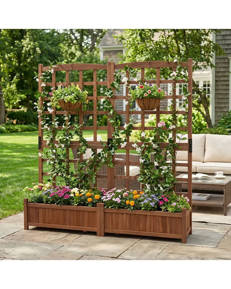 Outdoor Dual Wooden Raised Garden Bed with Trellis and Drainage Holes-Rustic Brown - Rustic Brown - Raised Garden Beds