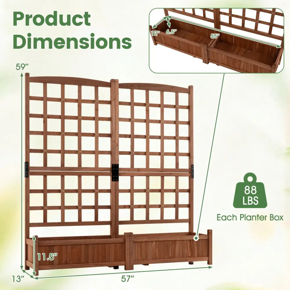 Outdoor Dual Wooden Raised Garden Bed with Trellis and Drainage Holes-Rustic Brown - Rustic Brown - Raised Garden Beds