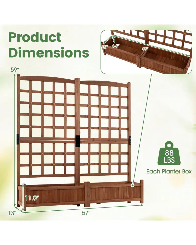 Outdoor Dual Wooden Raised Garden Bed with Trellis and Drainage Holes-Rustic Brown - Rustic Brown - Raised Garden Beds