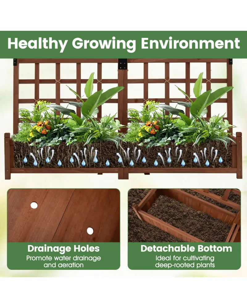 Outdoor Dual Wooden Raised Garden Bed with Trellis and Drainage Holes-Rustic Brown - Rustic Brown - Raised Garden Beds