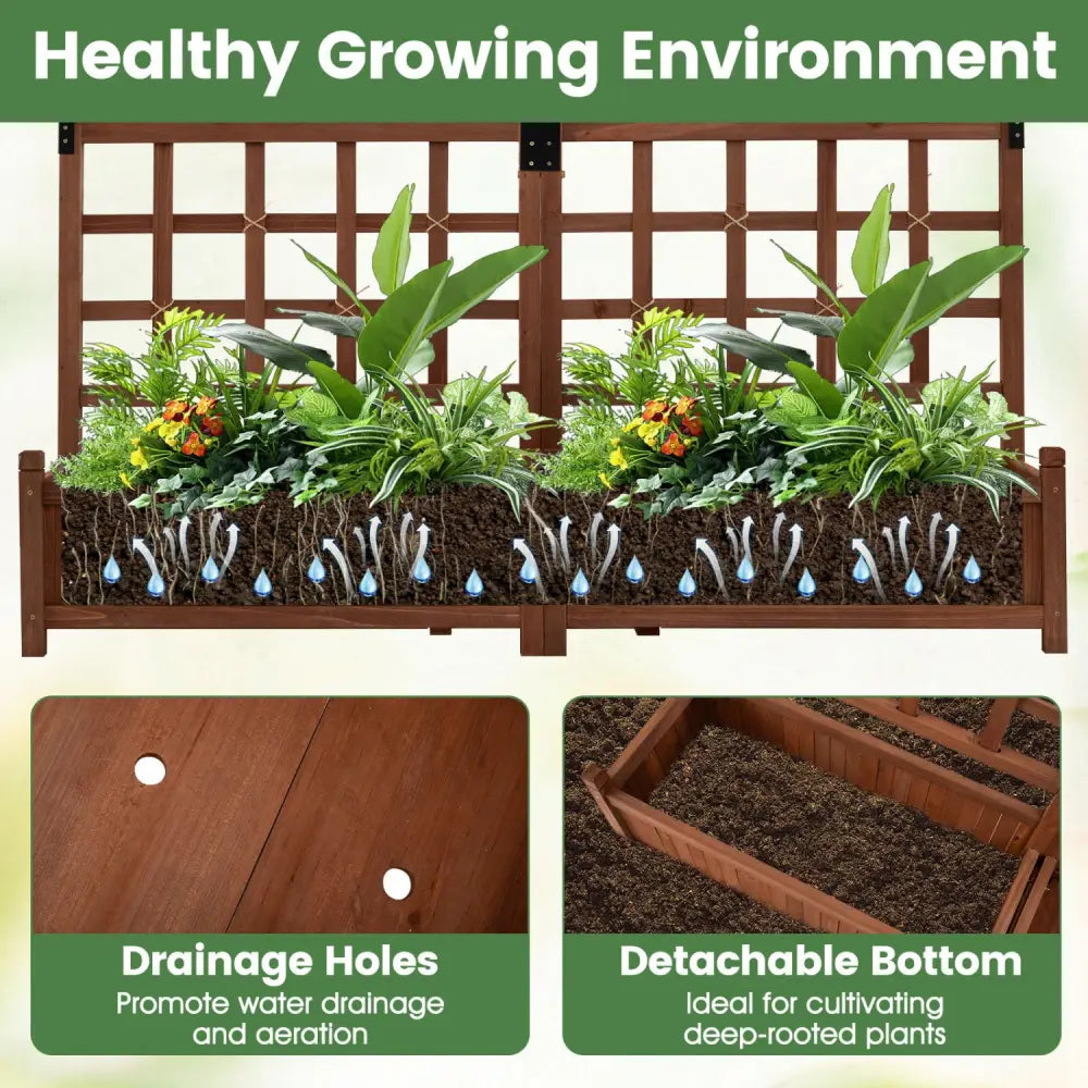 Outdoor Dual Wooden Raised Garden Bed with Trellis and Drainage Holes-Rustic Brown - Rustic Brown - Raised Garden Beds