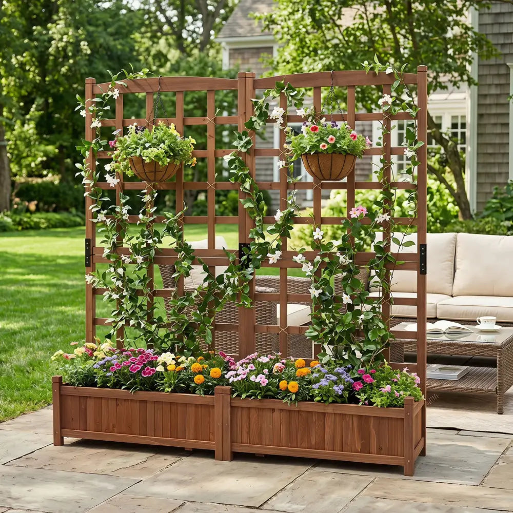 Outdoor Dual Wooden Raised Garden Bed with Trellis and Drainage Holes-Rustic Brown - Rustic Brown - Raised Garden Beds